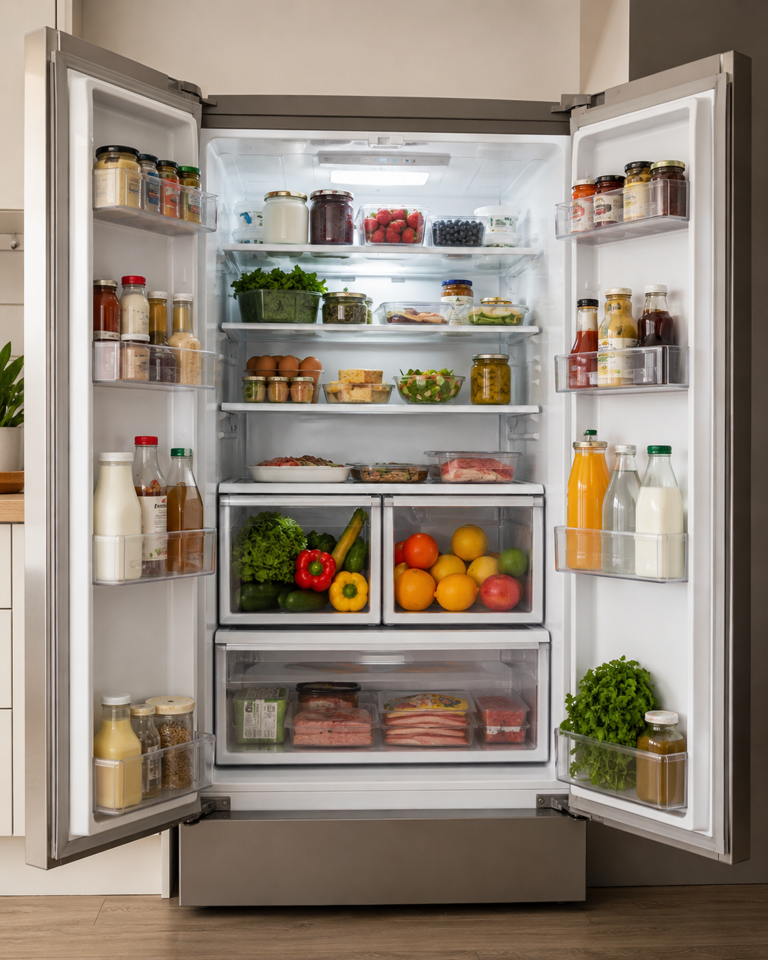 An open fridge full of vegetables, fruit, eggs and jars
