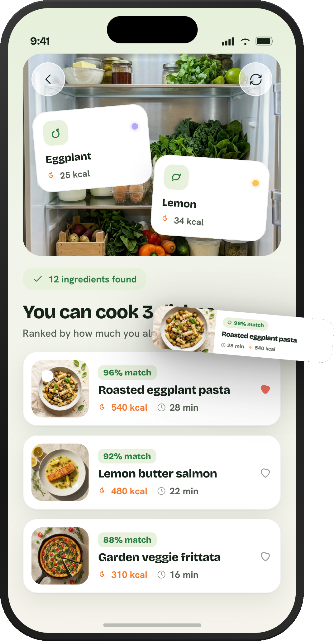 Glaner results showing 12 ingredients found and three ranked dinners