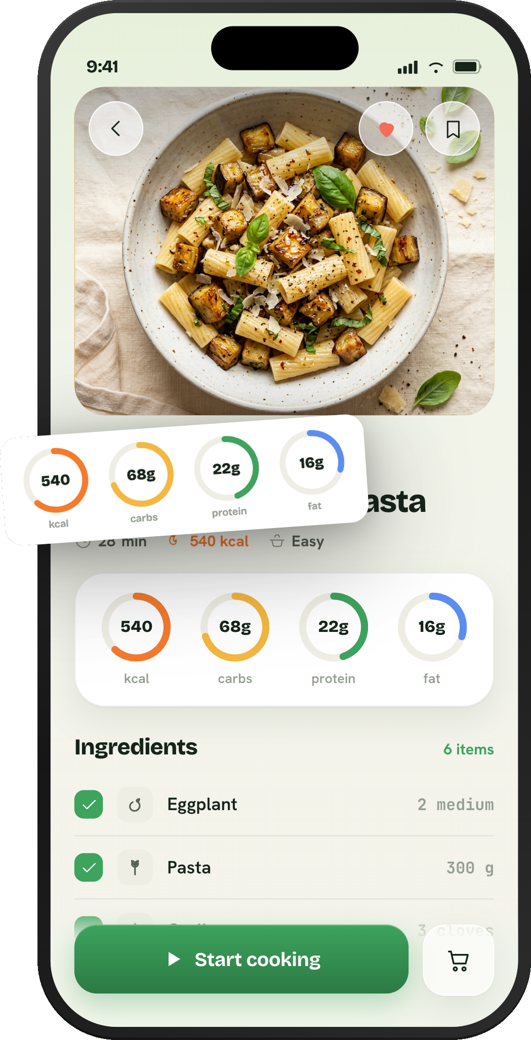 Glaner recipe detail with a macros ring for calories, carbs, protein and fat