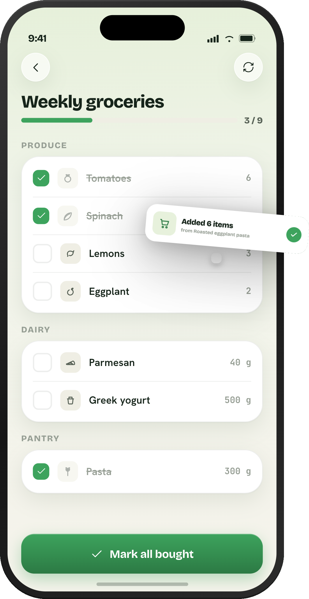 Glaner shopping list, weekly groceries sorted by aisle and filled from a recipe