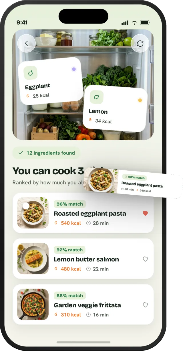 Glaner results showing 12 ingredients found and three ranked dinners
