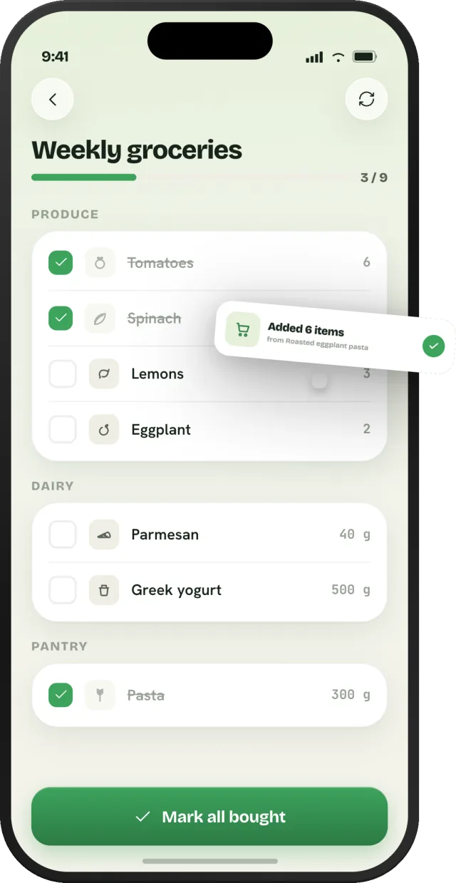 Glaner shopping list, weekly groceries sorted by aisle and filled from a recipe