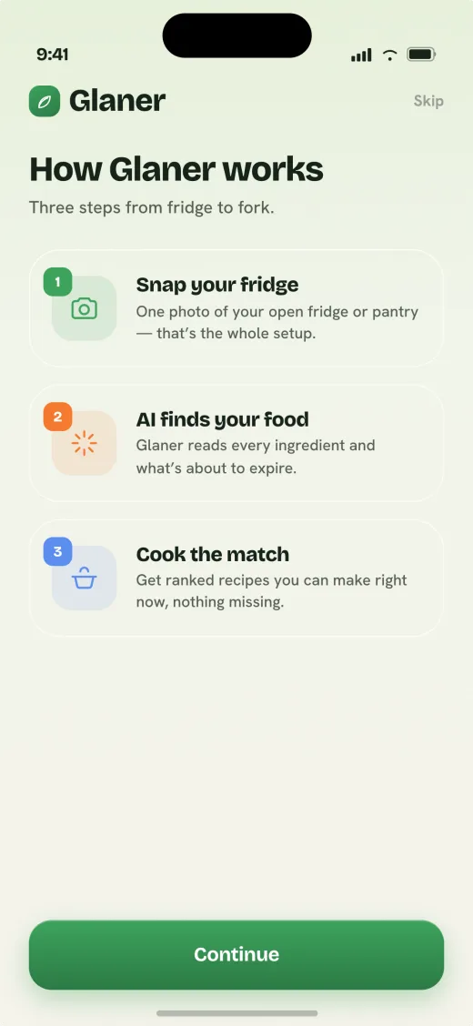 Glaner onboarding: how it works in three steps